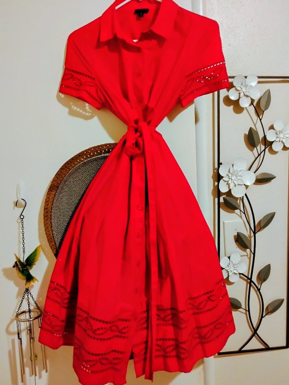 Women's Talbots Belted Red Dress Poplin with eyelet lace, Size 4 NWOT